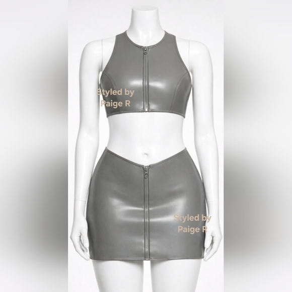 ❤️NWT SKIMS 2 piece Rubberized Scuba Swim Skirt High neck Top Set GREY CHALK 3X